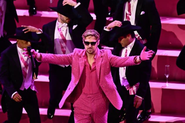 Ryan Gosling performs "I'm Just Ken" from "Barbie" at the 96th Annual Academy Awards at the Dolby Theatre in Hollywood, California on March 10, 2024 - Credit: PATRICK T. FALLON/AFP via Getty Images