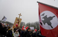 thousands of demonstrators march in Utrecht, Netherlands, Saturday, Dec. 4, 2021, to protest against COVID-19 restrictions and the lockdown. (AP Photo/Peter Dejong)