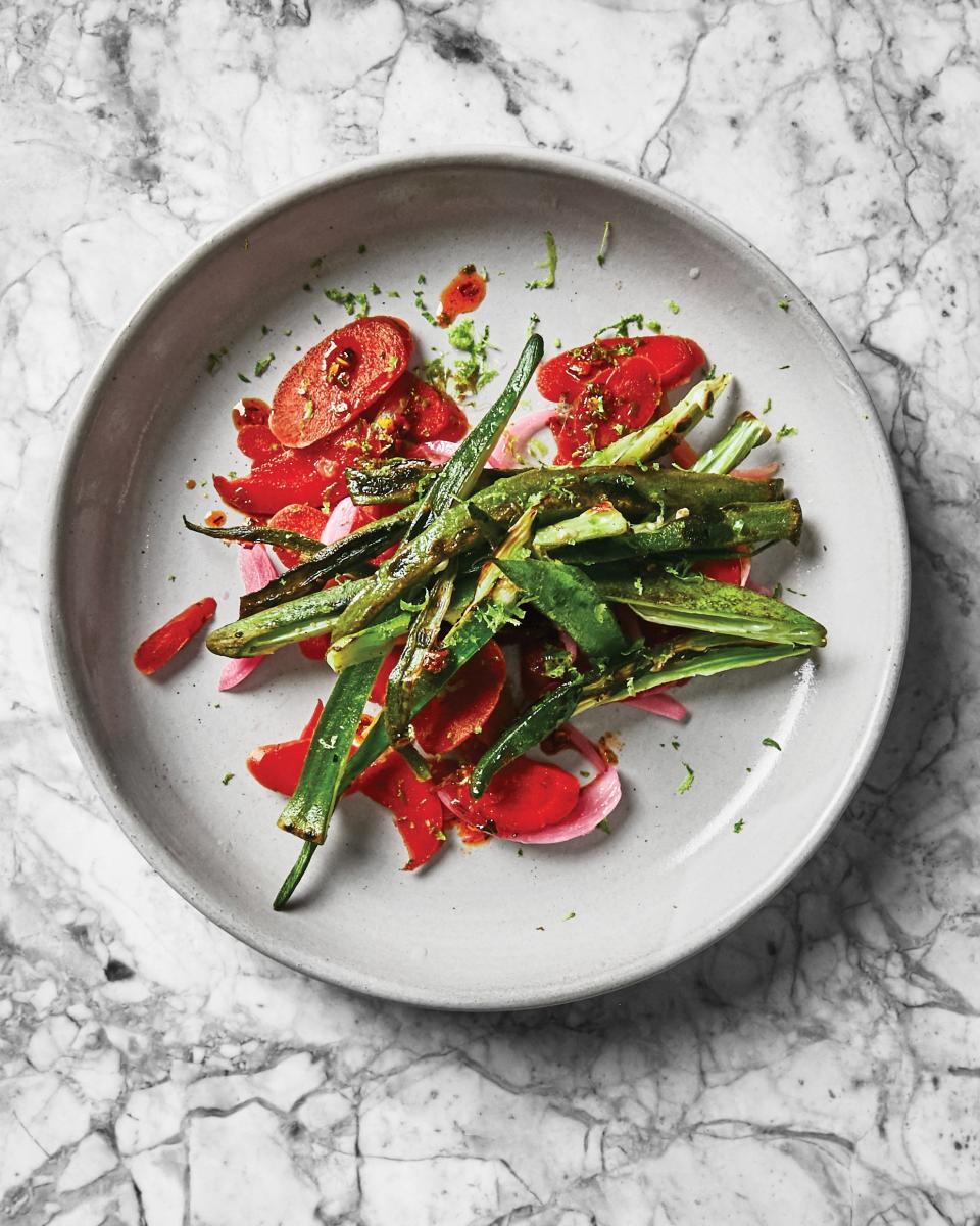 Yardy's charred okra salad with pickled red onions, pickled carrots, and lime zest.