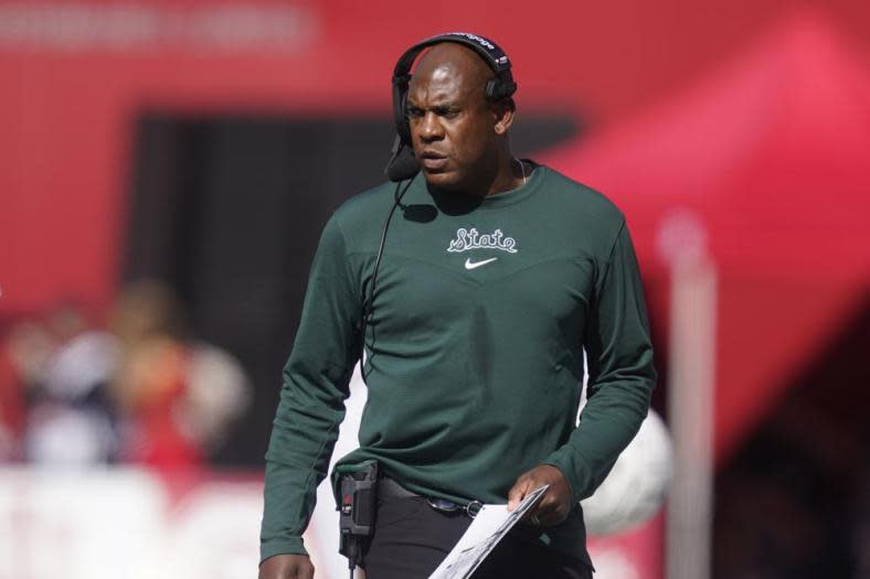 Michigan State head coach Mel Tucker watches the second half of an NCAA college football game against Indiana, Oct. 16, 2021, in Bloomington, Ind. (AP Photo/Darron Cummings, File)