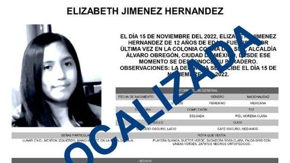 Localizan en Pachuca a la niña Elizabeth, desparecida en CDMX; está sana y salva, dice fiscalía