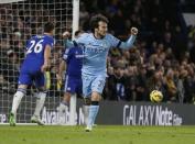 Manchester City's David Silva celebrates his goal during their English Premier League soccer match against Chelsea at Stamford Bridge in London January 31, 2015. REUTERS/Stefan Wermuth