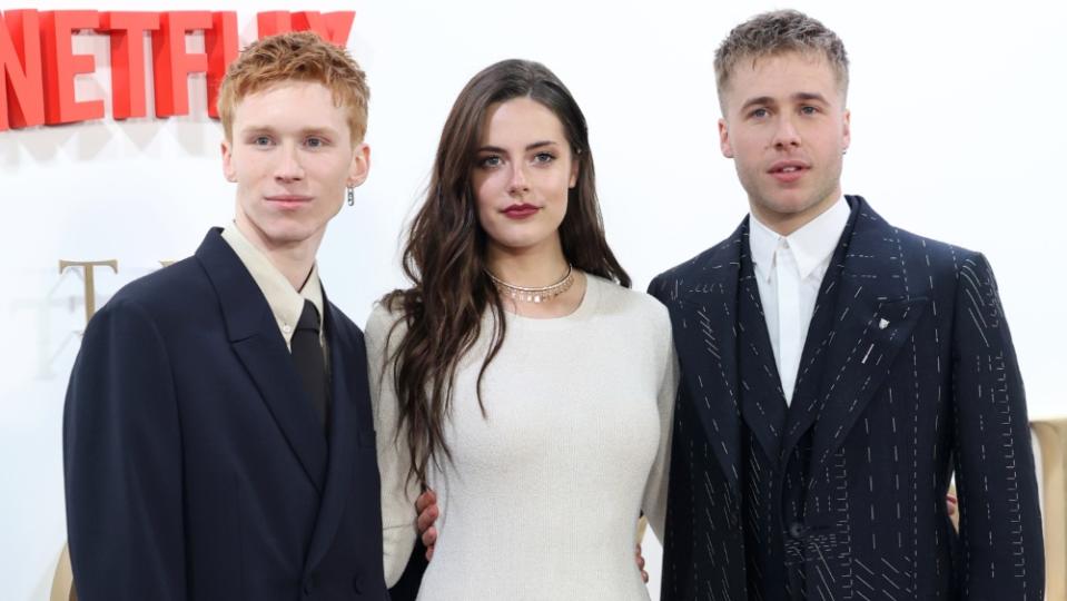 Luther Ford, Meg Ballemy and Ed McVey attend "The Crown" Finale Celebration at The Royal Festival Hall on December 05, 2023 in London, England.