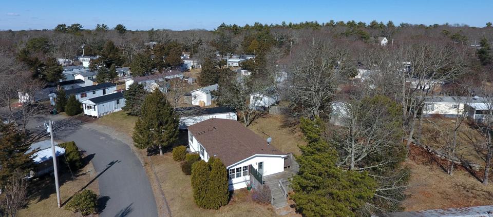 An aerial view looks west across the Pocasset Mobile Home Park in Pocasset, a village in Bourne. A judge has decided not to reverse his January decision that denied the park residents' plan to purchase the property, according to court documents.