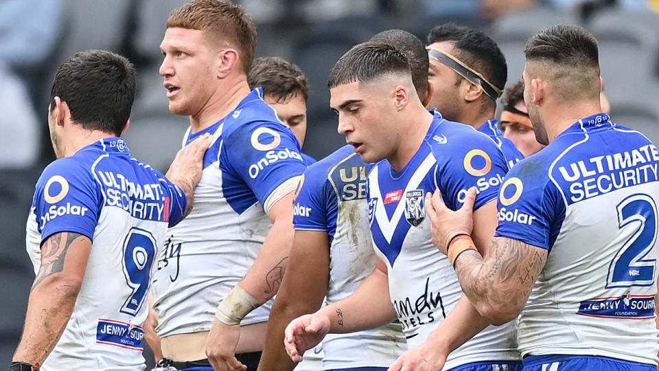 Seen here, Bulldogs players in a huddle during their NRL defeat to Parramatta.