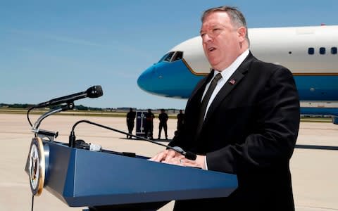 Mike Pompeo departed for the hastily organised trip from Andrews Air Force Base - Credit: JACQUELYN MARTIN/AFP/Getty Images