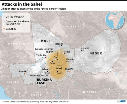 Map of Mali, Niger and Burkina Faso, locating the region where jihadist attacks have been intensifying