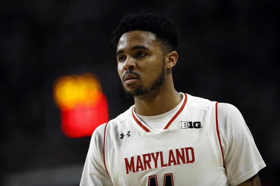 FILE - In this Sunday, Jan. 28, 2018, file photo, Maryland guard Jared Nickens walks on the court in the second half of an NCAA college basketball game against Michigan State in College Park, Md. A federal judge has dismissed a lawsuit in which two former University of Maryland men’s basketball players accused makers of the “Fortnite” video game of misappropriating a dance move that the ex-teammates popularized. U.S. District Judge Paul Grimm in Maryland ruled FridayMay 29, 2020, that the Copyright Act preempts claims that Jared Nickens and Jaylen Brantley filed in February 2019 against Epic Games Inc., creator of the wildly popular online shooting game. (AP Photo/Patrick Semansky, File)