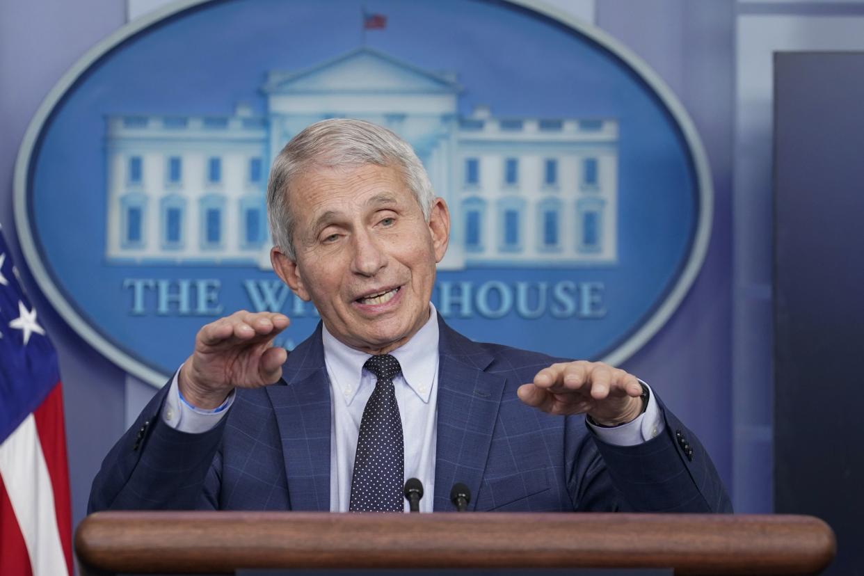 Dr. Anthony Fauci, director of the National Institute of Allergy and Infectious Diseases, speaks during the daily briefing at the White House in Washington, Dec. 1, 2021. 