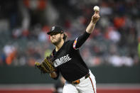 Baltimore Orioles starting pitcher Cole Irvin throws during the first inning of a baseball game against the Arizona Diamondbacks, Friday, May 10, 2024, in Baltimore. (AP Photo/Nick Wass)
