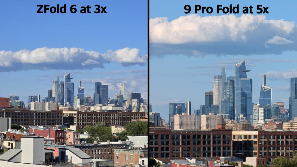 A composite shot of samples from the Galaxy Z Fold 6 and Pixel 9 Pro Fold featuring the New York City skyline. 