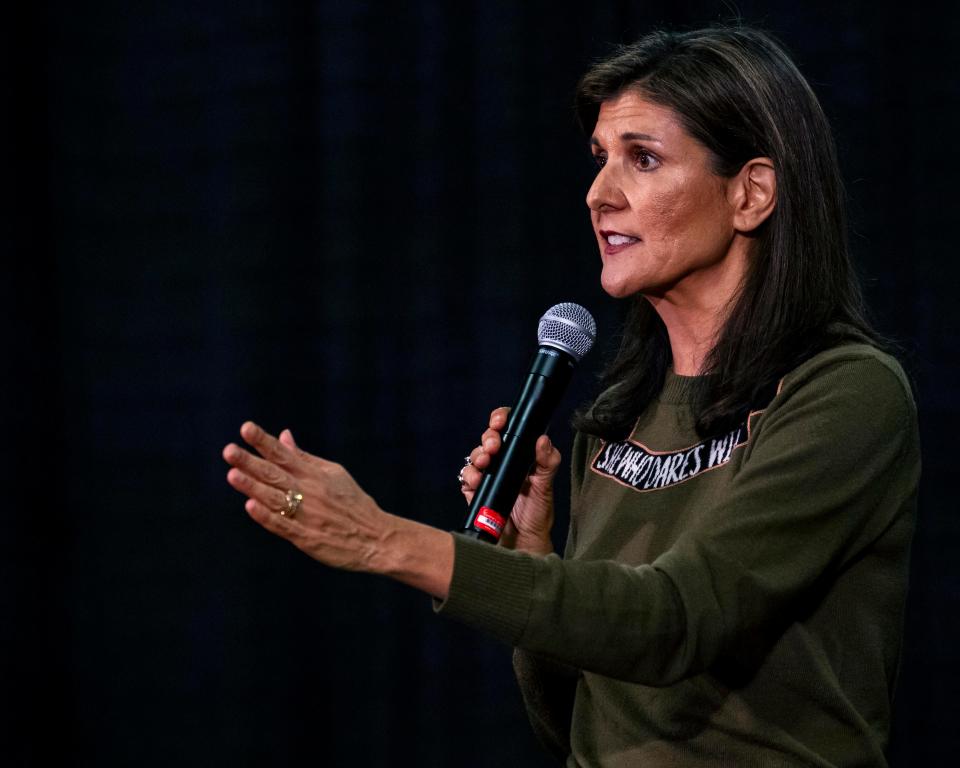 Former U.N. Ambassador Nikki Haley speaks during U.S. Rep. Mariannette Miller-Meeks', R-Iowa, Triple MMM Tailgate event in Iowa City, Iowa on Friday, Oct. 20, 2023. The event featured remarks from several candidates for the Republican Party's nomination for president.