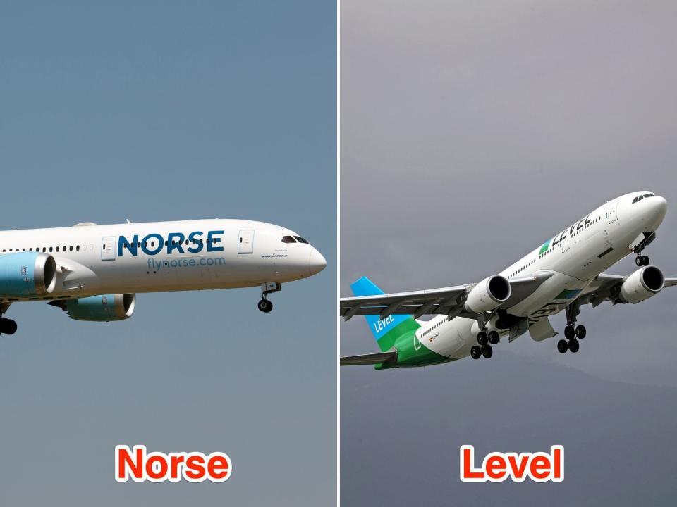 Left: A Norse plane in the air with blue skies around it Right: A Level plane in the sky with gray skies around it.