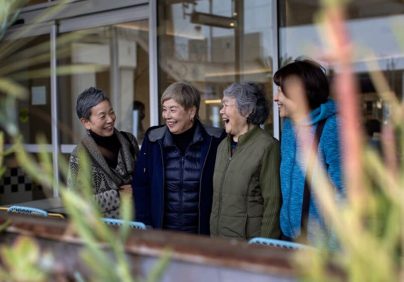 TORRANCE, CA - FEBRUARY 24, 2023: Volunteer workshop educator Naomi, left, support group founder Chiaki, and group members Yoneko and Teruko are pictured at one of their frequent meeting spots at Mitsuwa Marketplace, in Torrance, Calif., on Friday, February 24, 2023. Chiaki leads a Japanese-language family support group for NAMI South Bay, which includes many Issei mothers, first generation Japanese mothers. The group sometimes meets at Mitsuwa Marketplace for lunch. (Alisha Jucevic / For The Times)