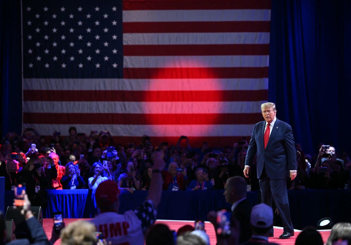 Former US President and 2024 presidential hopeful Donald Trump arrives to speak during the annual Conservative Political Action Conference (CPAC) meeting on February 24, 2024, in National Harbor, Maryland (AFP via Getty Images)