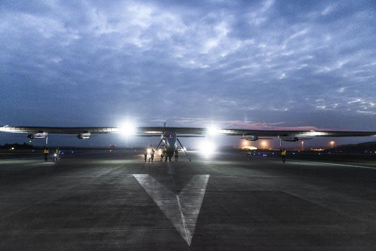 This photo released by the Solar Impulse project shows the Solar Impusle 2 preparing to take off from Chongqing, China to Nanjing on April 21, 2015