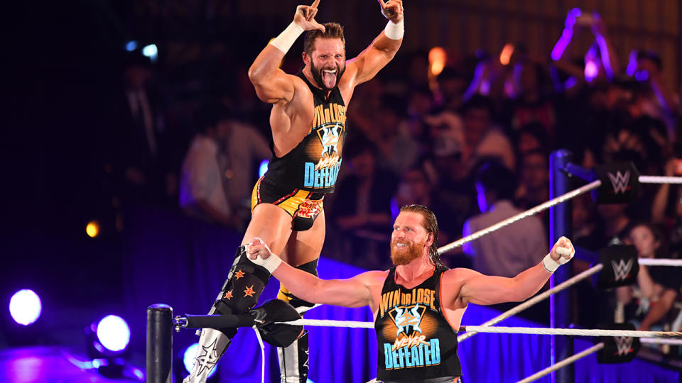 Zack Ryder and Curt Hawkins, pictured here in action in the WWE in 2019.