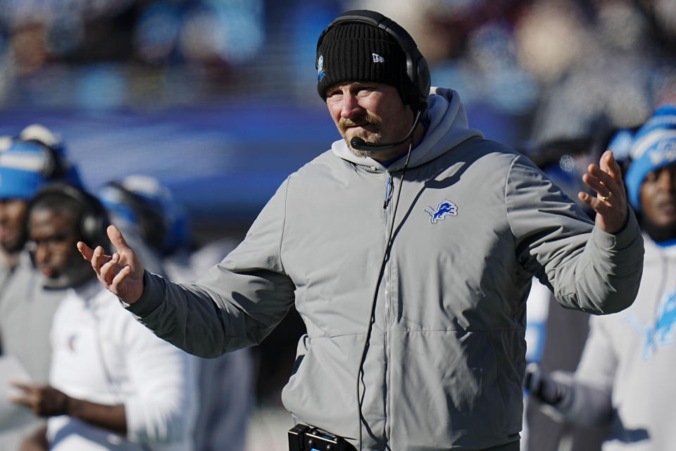 Detroit Lions head coach Dan Campbell watches during the first half of an NFL football game between the Carolina Panthers and the Detroit Lions on Saturday, Dec. 24, 2022, in Charlotte, N.C. (AP Photo/Rusty Jones)