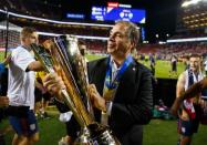 Jul 26, 2017; Santa Clara, CA, USA; United States head coach Bruce Arena celebrates with the trophy after defeating Jamaica during the CONCACAF Gold Cup final at Levi's Stadium. Mandatory Credit: Mark J. Rebilas-USA TODAY Sports