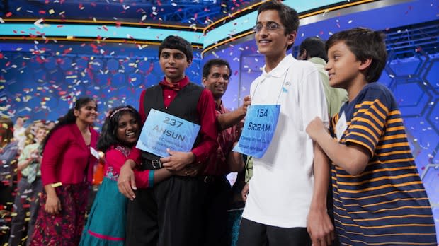 <b class="credit">Manuel Baice Ceneta/AP</b>Ansun Sujoe, of Fort Worth, Texas, and Sriram Hathwar, of Painted Post, N.Y., co-champions of the 2014 Scripps National Spelling Bee.