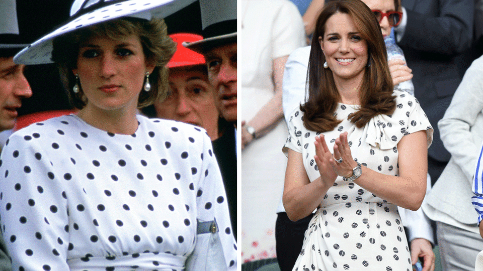 <p>Diana is seen at the Epsom Derby in June 1986 and Kate at Wimbledon last year. Source: Getty </p>