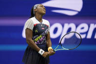 Coco Gauff, of the United States, reacts as she plays Caroline Garcia, of France, during the quarterfinals of the U.S. Open tennis championships, Tuesday, Sept. 6, 2022, in New York. (AP Photo/Charles Krupa)