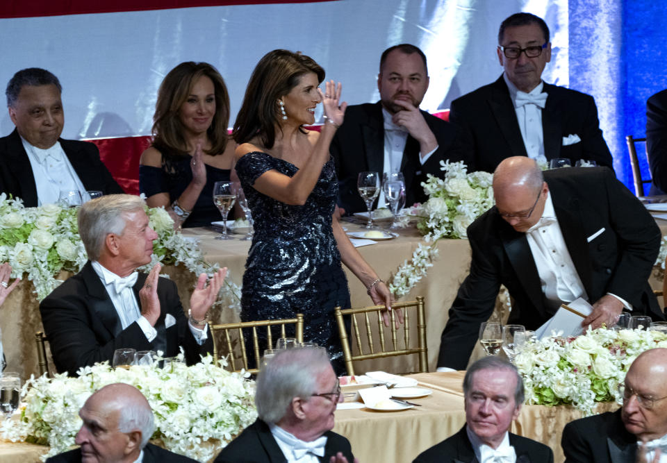 Keynote speaker Ambassador to the United Nations Nikki Haley, is introduced as she attends the 73rd Annual Alfred E. Smith Memorial Foundation Dinner Thursday, Oct. 18, 2018, in New York. (AP Photo/Craig Ruttle)