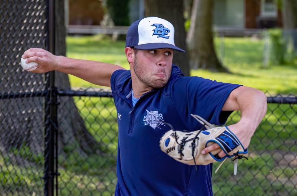 Belleville East pitcher Ean DiPasquale gets ready to fire a pitch during practice Wednesday, May 17. DiPasquale is one of the key hurlers on a talented Lancers pitching staff.