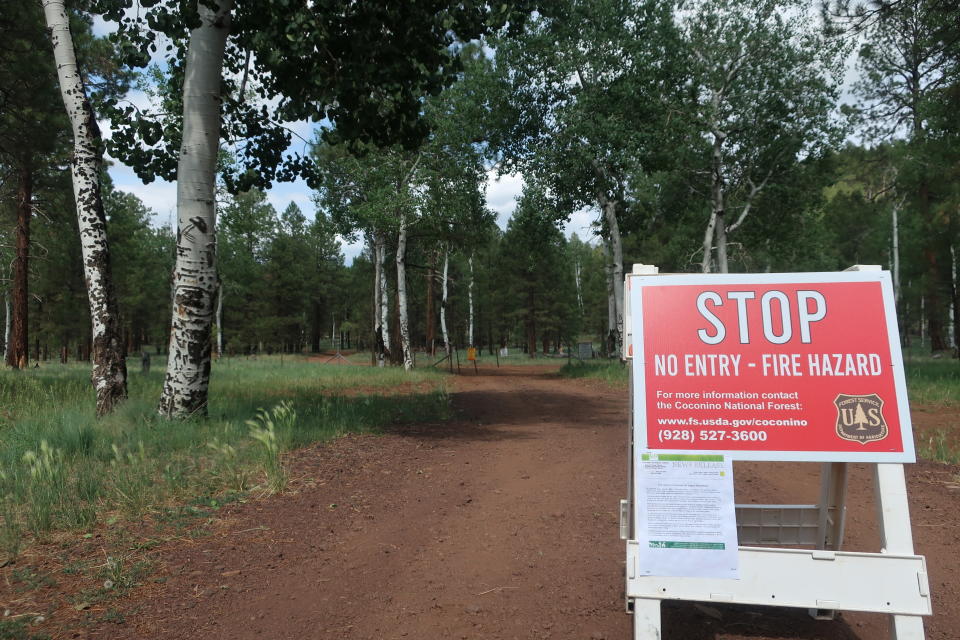 A sign posted ahead of a forest road announces the closure of the national forest surrounding Flagstaff, Ariz., on Wednesday June 23, 2021. The Coconino National Forest is one of a handful of forests in Arizona that closed this week amid high fire danger and as resources are stretched thin with blazes burning across the state. (AP Photo/Felicia Fonseca)