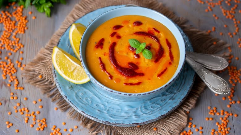 Bowl of soup with chili oil drizzle