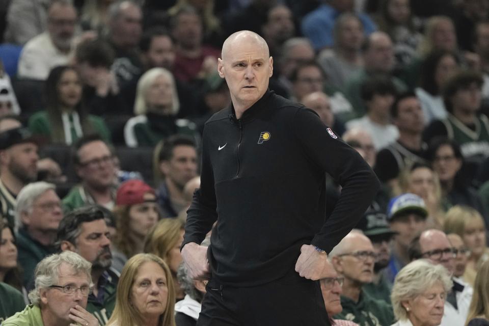 Indiana Pacers head coach Rick Carlisle reacts during the first half of Game 1 of the NBA playoff basketball game Sunday, April 21, 2024, in Milwaukee. (AP Photo/Morry Gash)