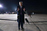 President Donald Trump talks to reporters about the death of Supreme Court Justice Ruth Bader Ginsburg, after a campaign rally, Friday, Sept. 18, 2020, in Bemidji, Minn. (AP Photo/Evan Vucci)