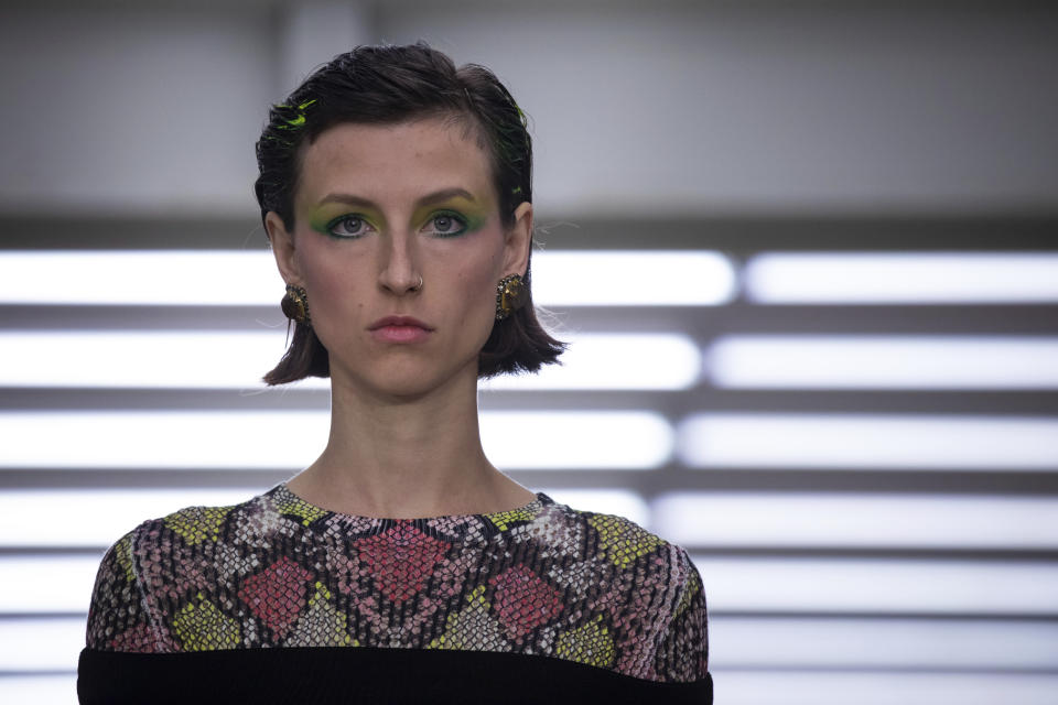 A model wears a creation by Mark Fast at the Spring/Summer 2020 fashion week runway show in London, Friday, Sept. 13, 2019. (Photo by Vianney Le Caer/Invision/AP)