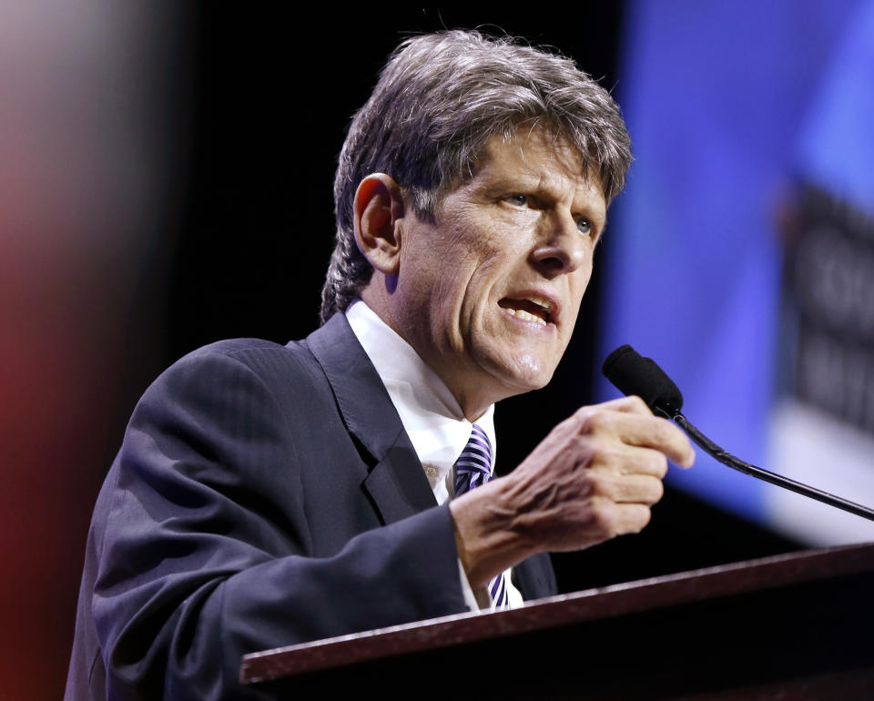 File - In this Saturday, June 2, 2018 file photo, Democratic candidate for governor Bob Massie speaks during the 2018 Massachusetts Democratic Party Convention in Worcester, Mass. Massie will face Jay Gonzalez in the Sept. 4 Democratic primary. (AP Photo/Michael Dwyer, File)