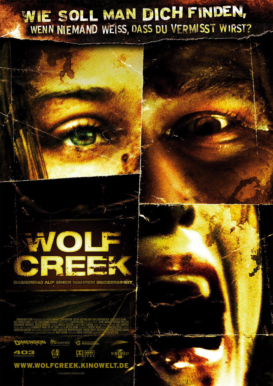 Poster image for the movie "Wolf Creek" depicting four faces stitched together to create one screaming face