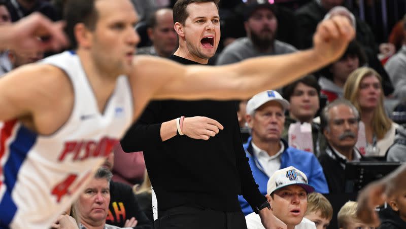 Utah Jazz coach Will Hardy yells out instructions as the Jazz and Detroit Pistons play at the Delta Center in Salt Lake City on Jan. 3, 2024.
