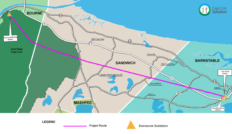 This map shows the route for Eversource's Mid-Cape Reliability Project power line upgrades from Bourne to the utility's substation in West Barnstable.