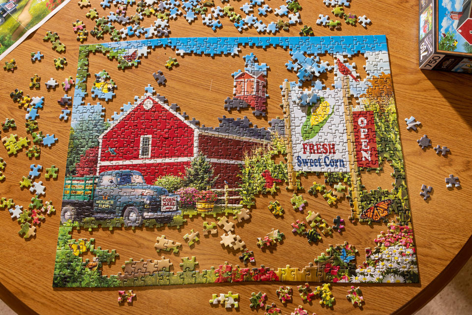 An in-progress puzzle at the Arthur Mall in Arthur, N.D., on Wednesday. (Tim Gruber for NBC News)