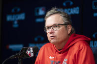 FILE - St. Louis Cardinals manager Mike Shildt responds to a question during a baseball news conference in Los Angeles, in this Tuesday, Oct. 5, 2021, file photo. The Cardinals fired former National League manager of the year Mike Shildt over organizational differences Thursday, Oct. 14, 2021, just one week after St. Louis lost to the Los Angeles Dodgers on a walk-off homer in the wild-card game. (AP Photo/Kyusung Gong, File)