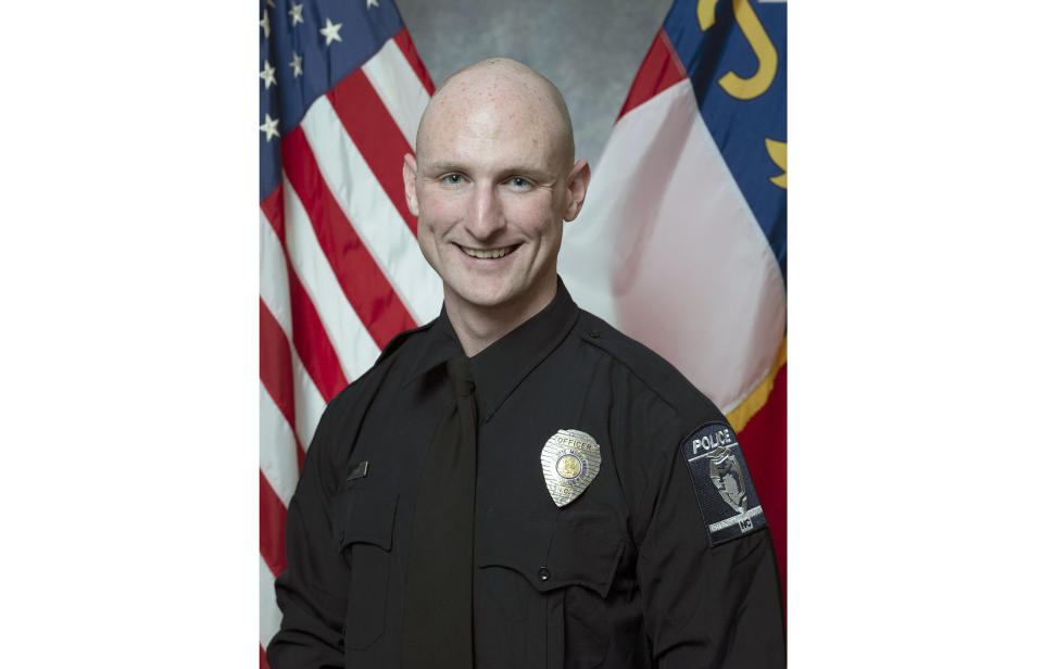 This photo provided by the Charlotte-Mecklenburg Police Department shows officer Joshua Eyer, one of four police officers killed in a shootout in Charlotte, N.C. on Monday, April 29, 2024. (Charlotte-Mecklenburg Police Department via AP)