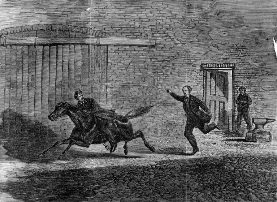 drawing of john wilkes booth riding away on a horse as a man chases after him