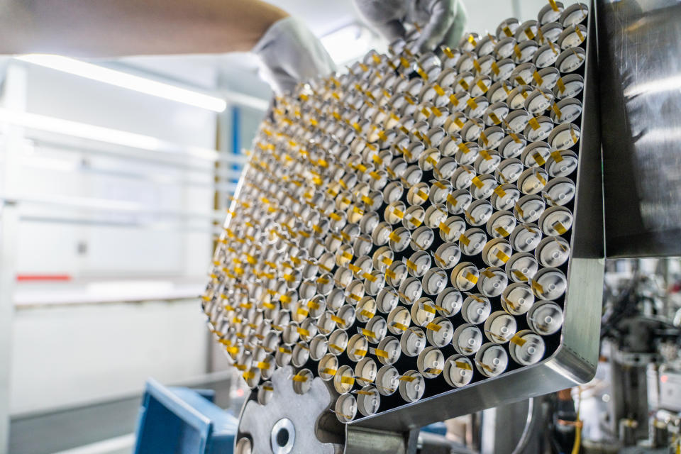 BIJIE, CHINA - AUGUST 19, 2022 - A worker works on a lithium battery production line at Guihang New Energy production workshop in the high-tech zone in Bijie, Guizhou Province, China, Aug 19, 2022. (Photo credit should read CFOTO/Future Publishing via Getty Images)