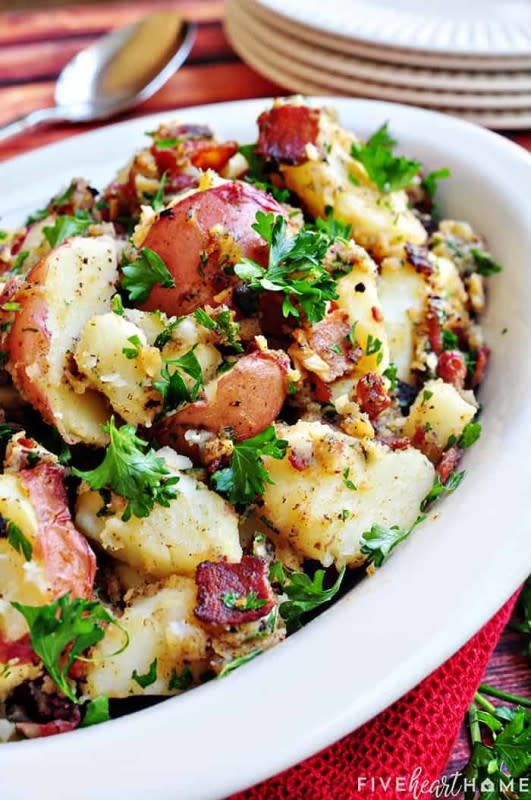 <p>Five Heart Home</p><p>The best German potato salad is a hot potato salad recipe featuring tender red potatoes and bacon in a tangy dressing for the ultimate side dish, from summer grilling to Oktoberfest!</p><p><strong>Get the recipe: <a href="https://www.fivehearthome.com/german-potato-salad/" rel="nofollow noopener" target="_blank" data-ylk="slk:German Potato Salad;elm:context_link;itc:0;sec:content-canvas" class="link ">German Potato Salad</a></strong></p>