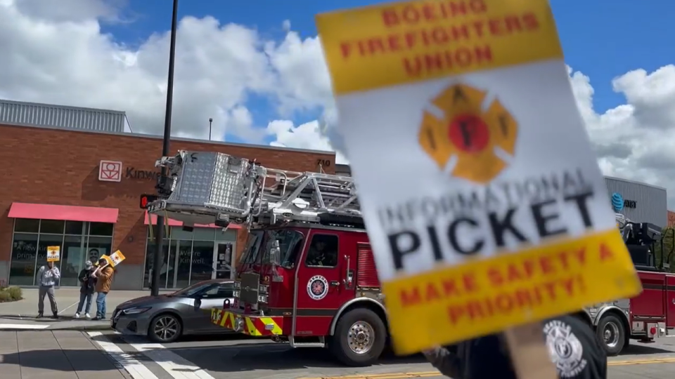 <div>Members of International Association of Firefighters Local I-66, with support from other unionized firefighters from across Washington state, as well as unionized Boeing workers, took to the picket lines on April 29, 2024, in Renton, Wash.</div> <strong>(AJ Janavel)</strong>