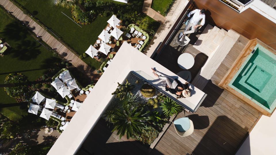 The Panoramic suite’s rooftop deck and hot tub at the Mondrian Cannes.