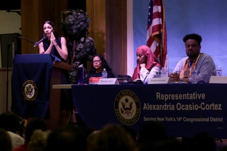 Representative Alexandria Ocasio-Cortez speaks during an Immigration Town Hall at The Nancy DeBenedittis Public School in Queens