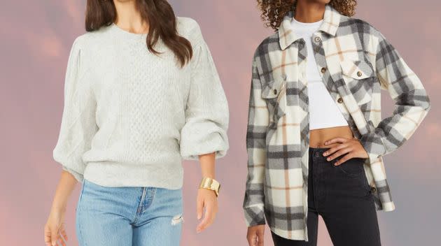 A cable crew neck sweater and plaid shacket