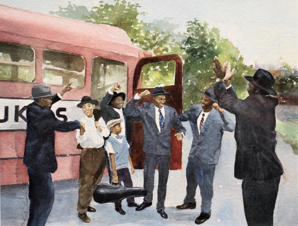 An E.B. Lewis work from his book "The Bat Boy and His Violin." It was exhibited in 2018 during the Coretta Scott King Illustrator Awards show at the NCCIL.