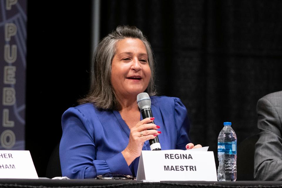 Regina Maestri speaks as a candidate for Pueblo Mayor during the 2023 Greater Pueblo Chamber of Commerce candidate debates at Memorial Hall on Thursday, October 5, 2023.