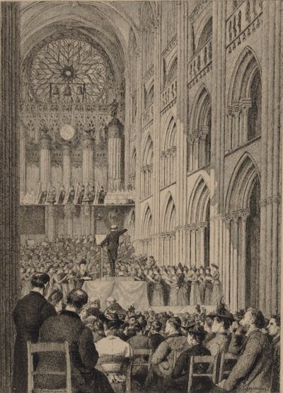 Mass in commemoration of Saint Cecilia in the church of Saint-Eustache in Paris conducted by Charles Lamoureux (1834-1899). <a href="https://gallica.bnf.fr/ark:/12148/btv1b84216764/#" rel="nofollow noopener" target="_blank" data-ylk="slk:Bibliothèque nationale de France;elm:context_link;itc:0;sec:content-canvas" class="link ">Bibliothèque nationale de France</a>